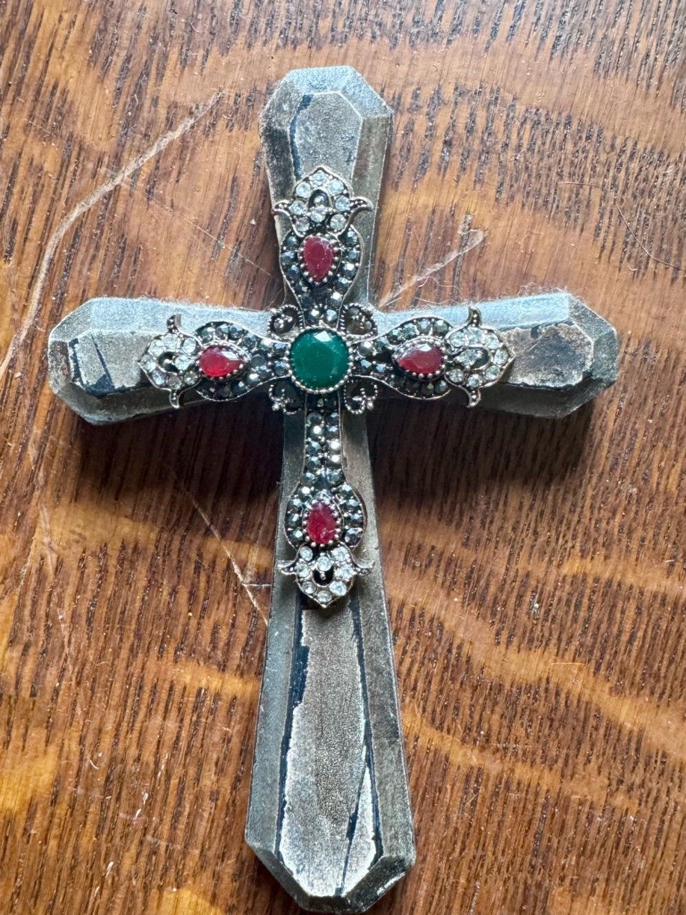 Ornate Decorative Wall Cross with Green and Red Accents